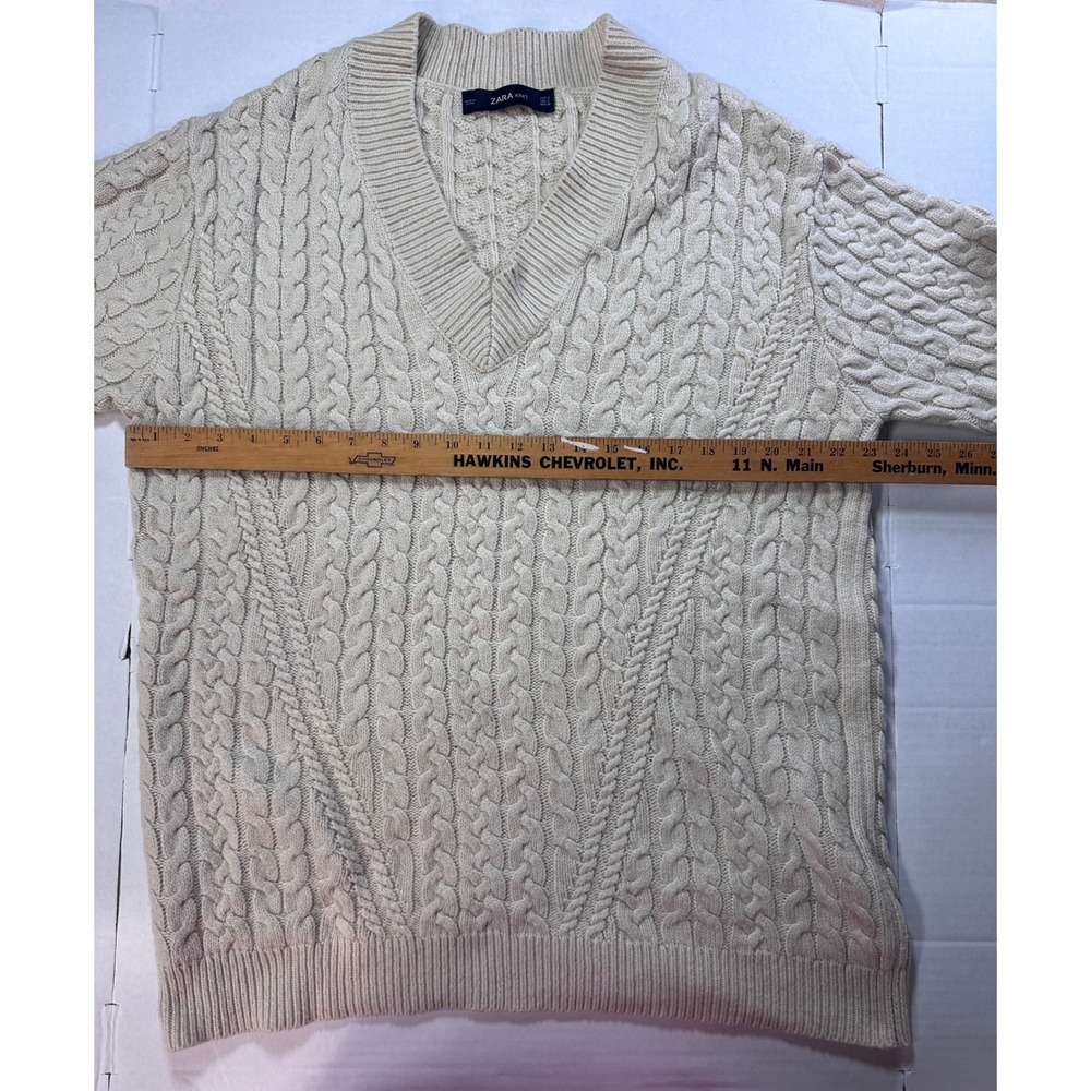 Zara Knit Womens Small Cream Beige Cable Knit V-Neck Oversized Sweater Pullover - Picture 6 of 8